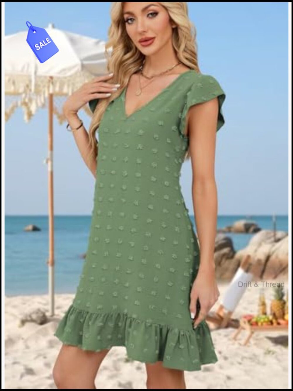 V-Neck Cap Sleeve Ruffle Hem Smock Short Casual Beach Dress - Picture 4 of 7